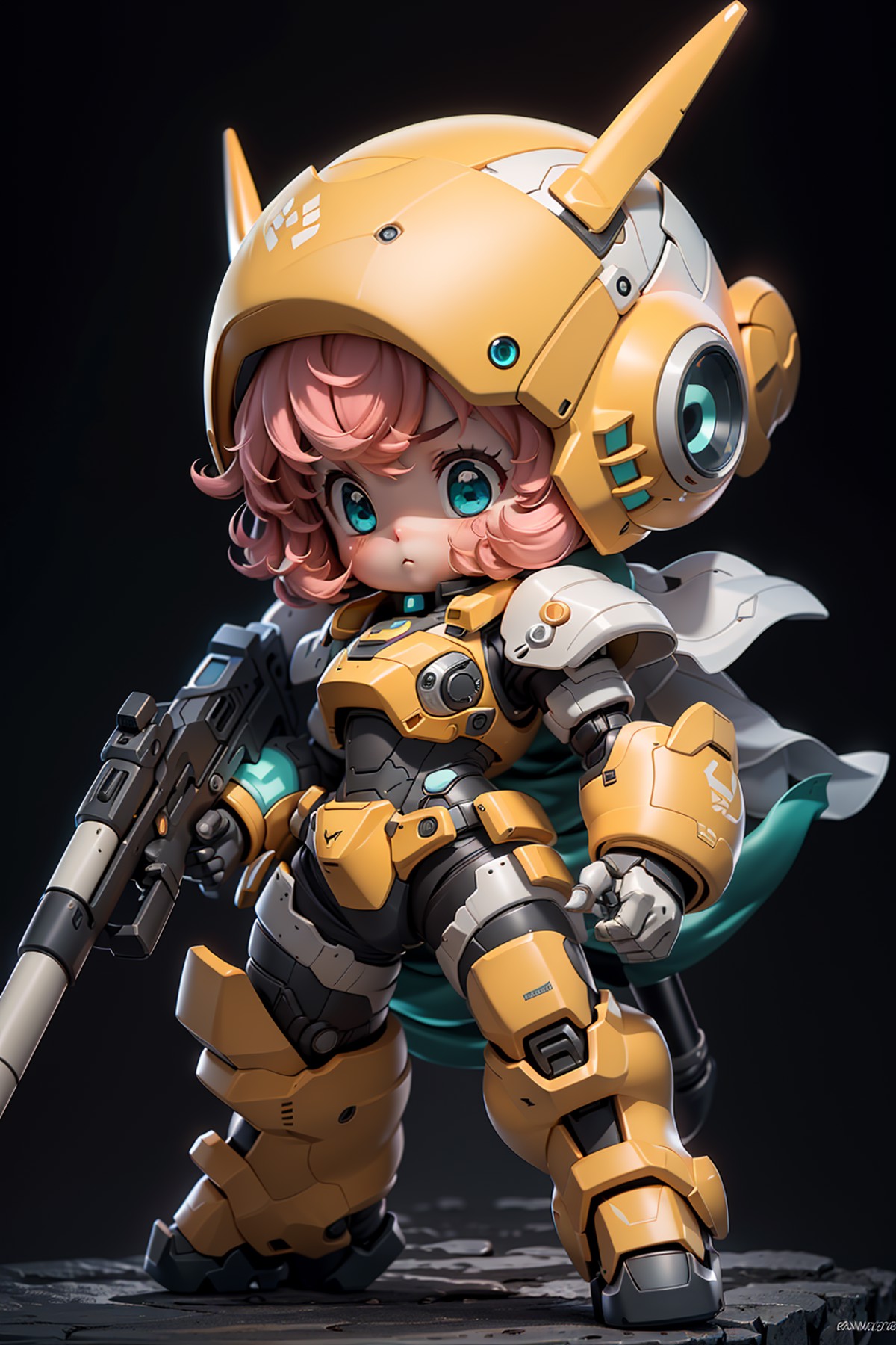 BJ_Cute_Mech, 1girl, solo, blush, blue_eyes, holding, closed_mouth, standing, full_body, weapon, pink_hair, chibi, holding...
